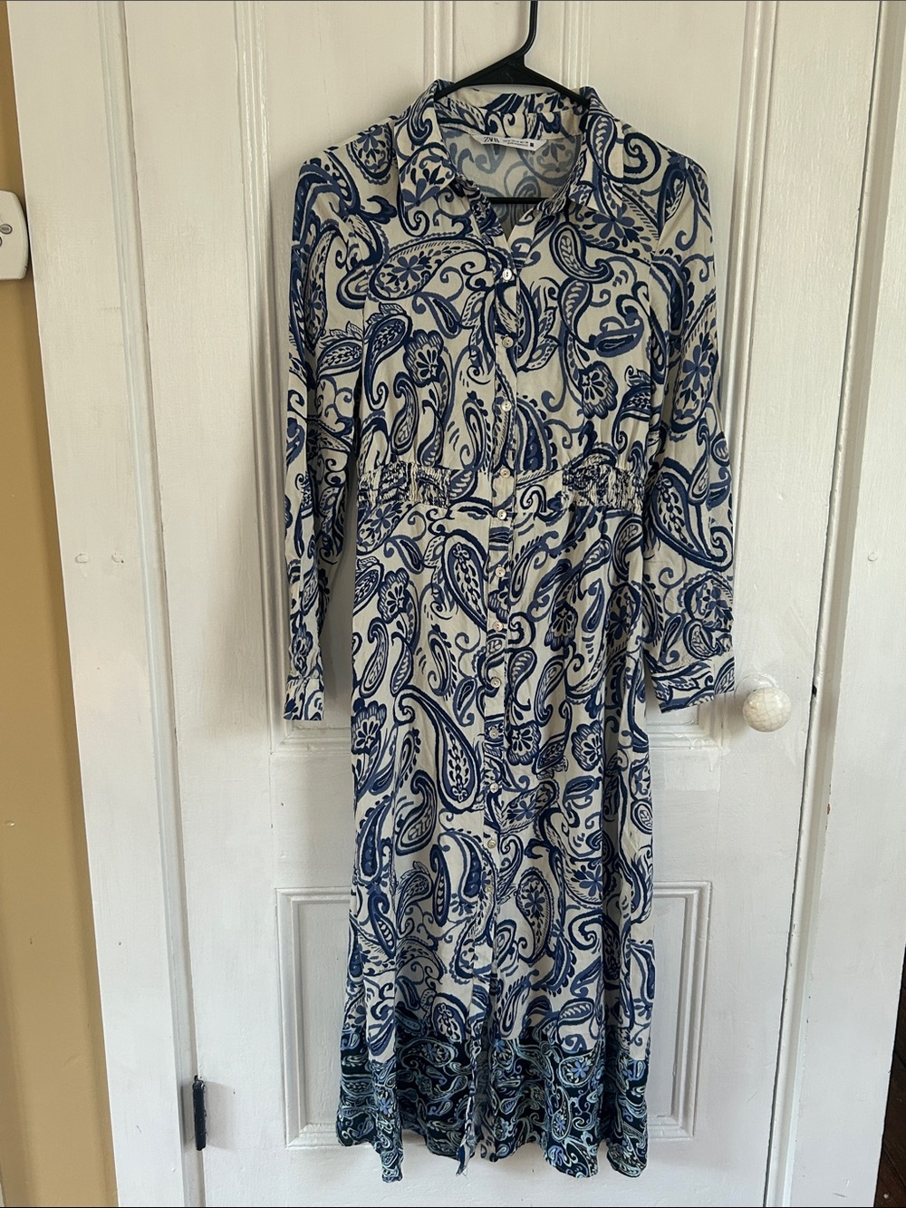 Zara Cream and Navy Paisley Long Sleeve Maxi Dress